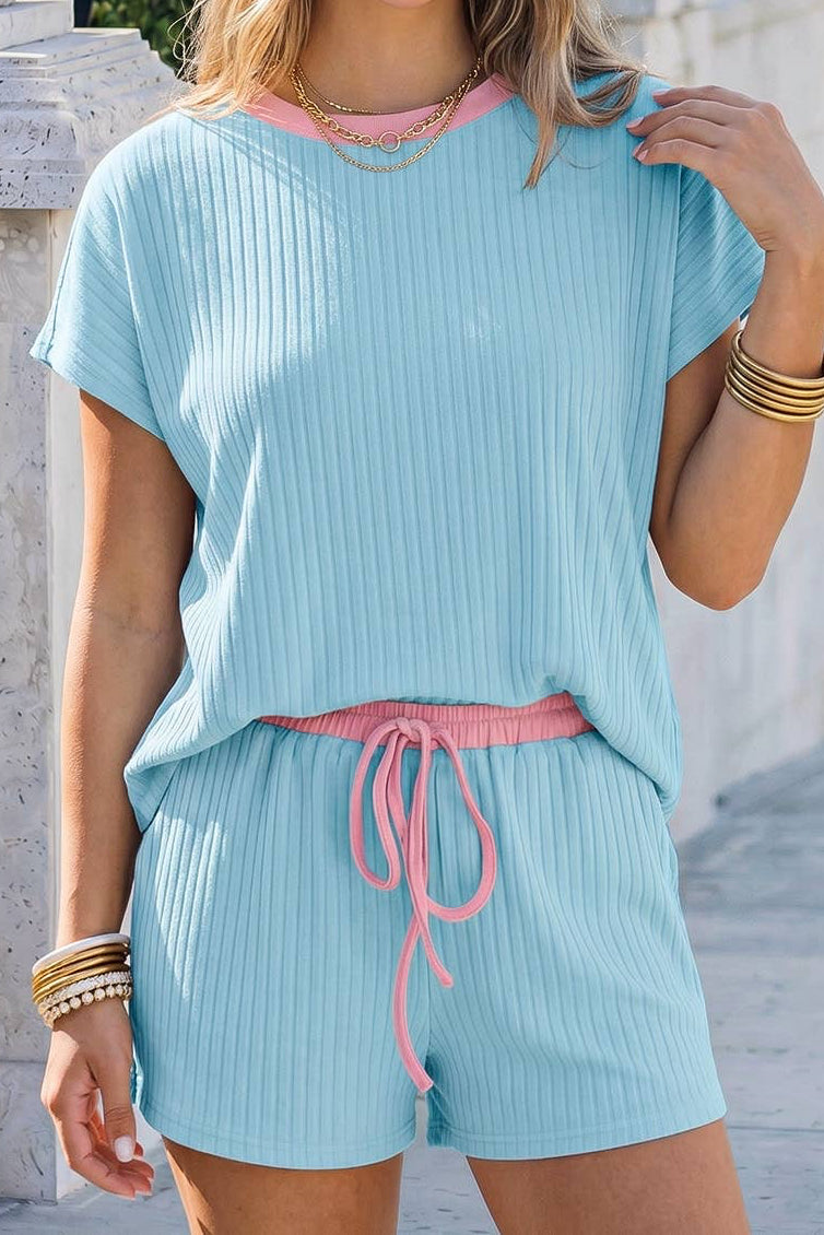 Blue Ribbed Casual Set